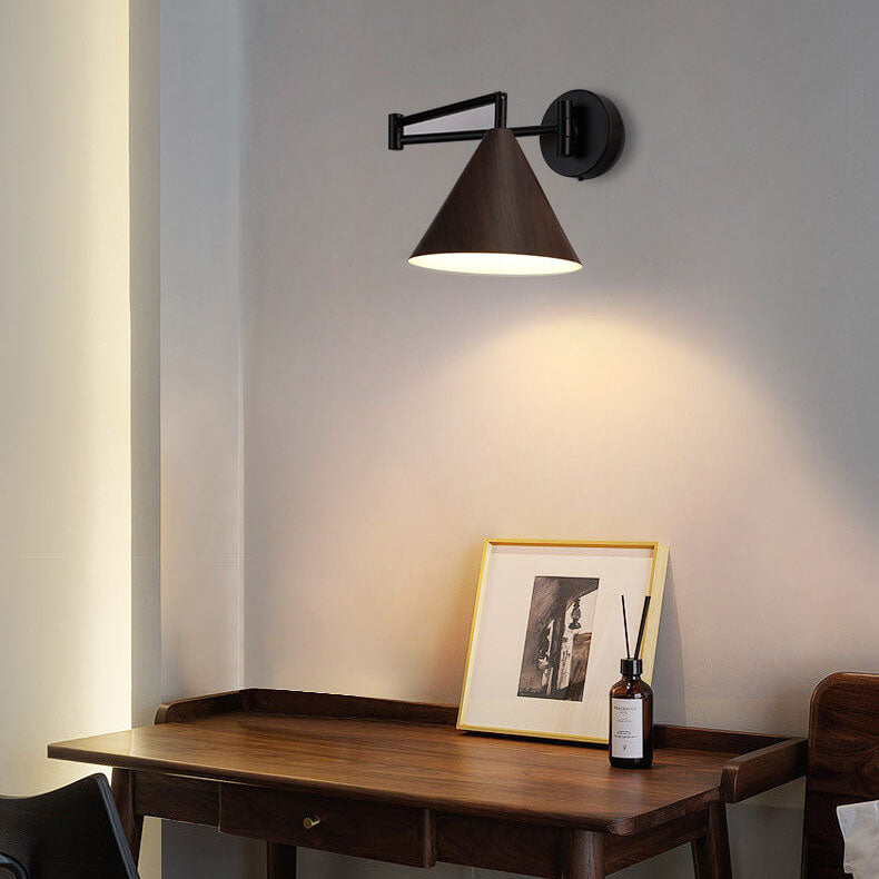 Contemporary Nordic Cone Swing Arm Wood Grain Iron 1-Light
