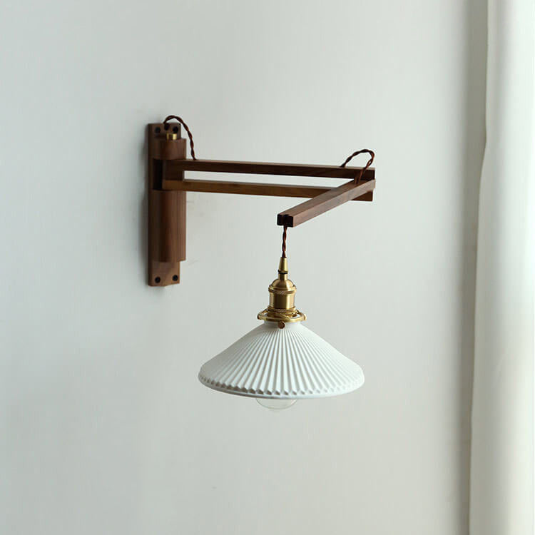 Nordic Milk White Striped Glass Walnut Retractable 1-Light