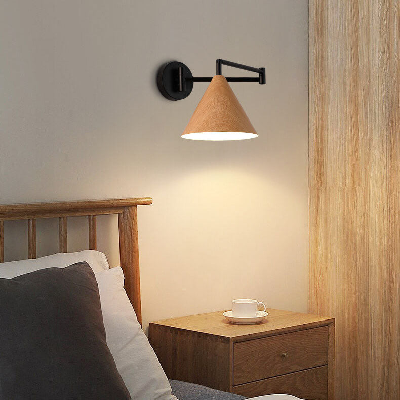 Contemporary Nordic Cone Swing Arm Wood Grain Iron 1-Light