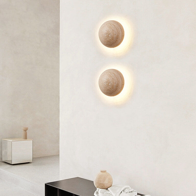 Traditional Japanese Round Yellow Travertine Wabi-Sabi LED
