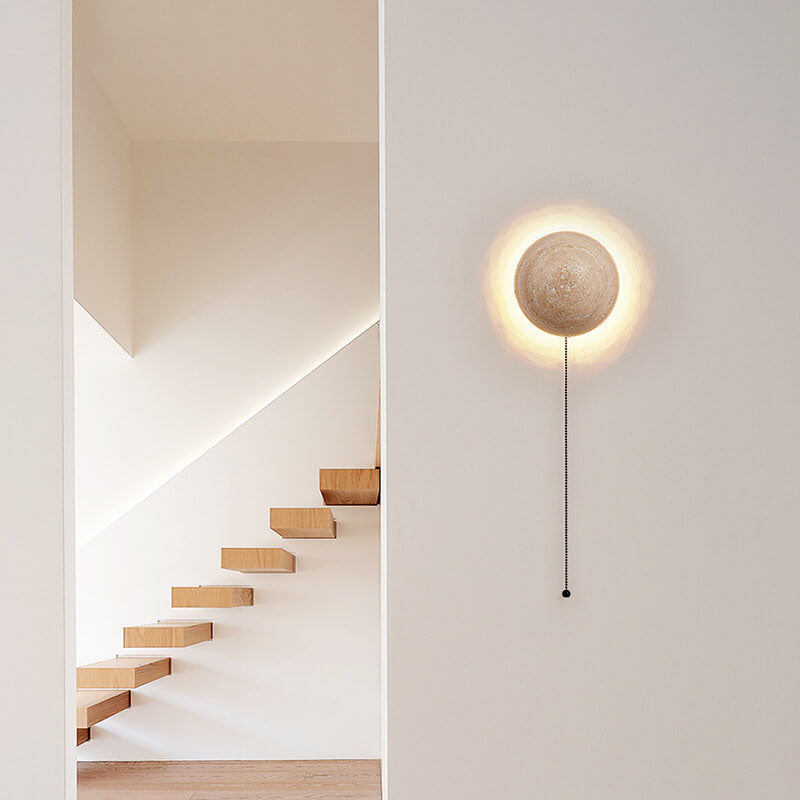 Traditional Japanese Round Yellow Travertine Wabi-Sabi LED