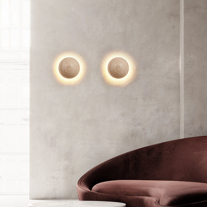 Traditional Japanese Round Yellow Travertine Wabi-Sabi LED