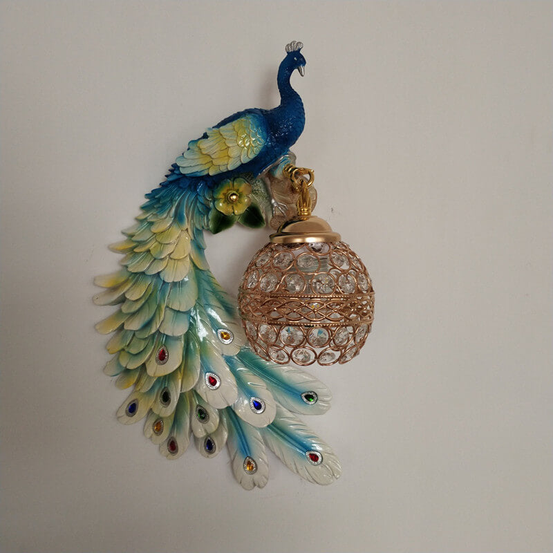 Vintage Ornate Resin Long Tail Peacock Crystal Ball Shade