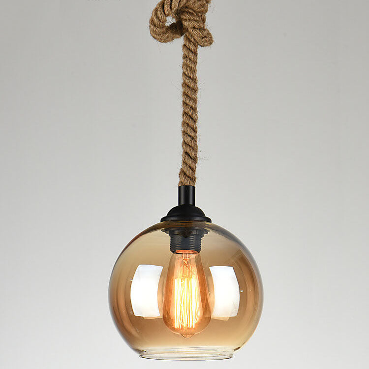 Traditional Vintage Glass Metal Rope Hanging Round 1-Light