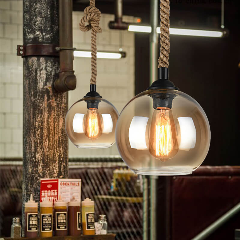 Traditional Vintage Glass Metal Rope Hanging Round 1-Light