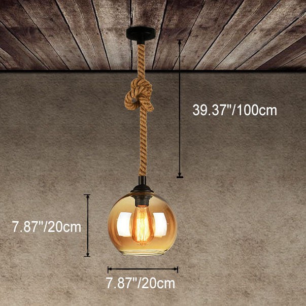 Traditional Vintage Glass Metal Rope Hanging Round 1-Light