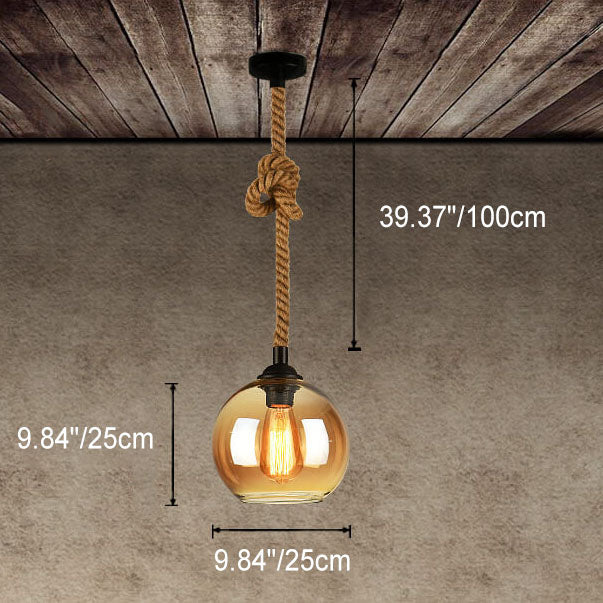 Traditional Vintage Glass Metal Rope Hanging Round 1-Light