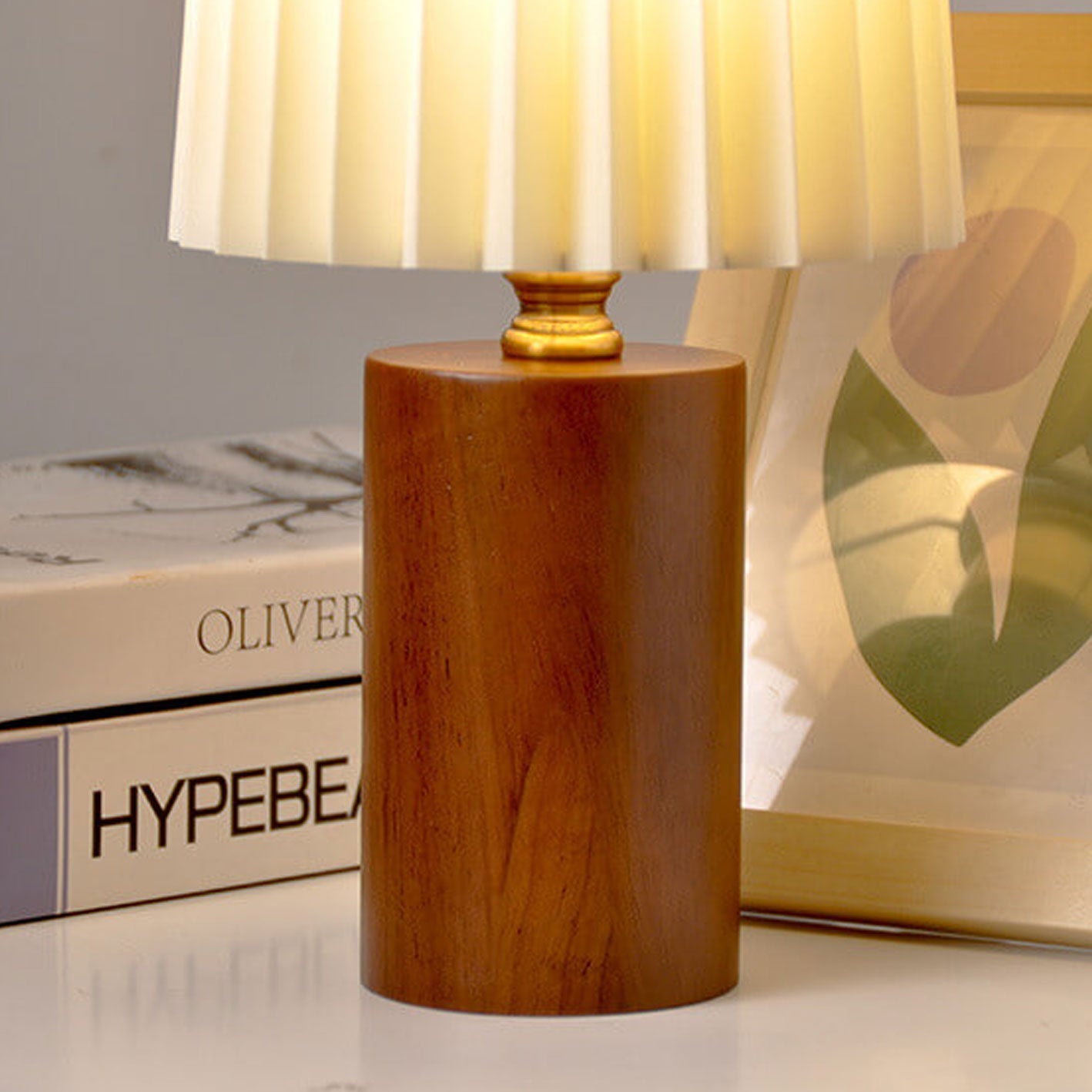 Vintage Korean Pleated Column Solid Wood Base 1-Light Table