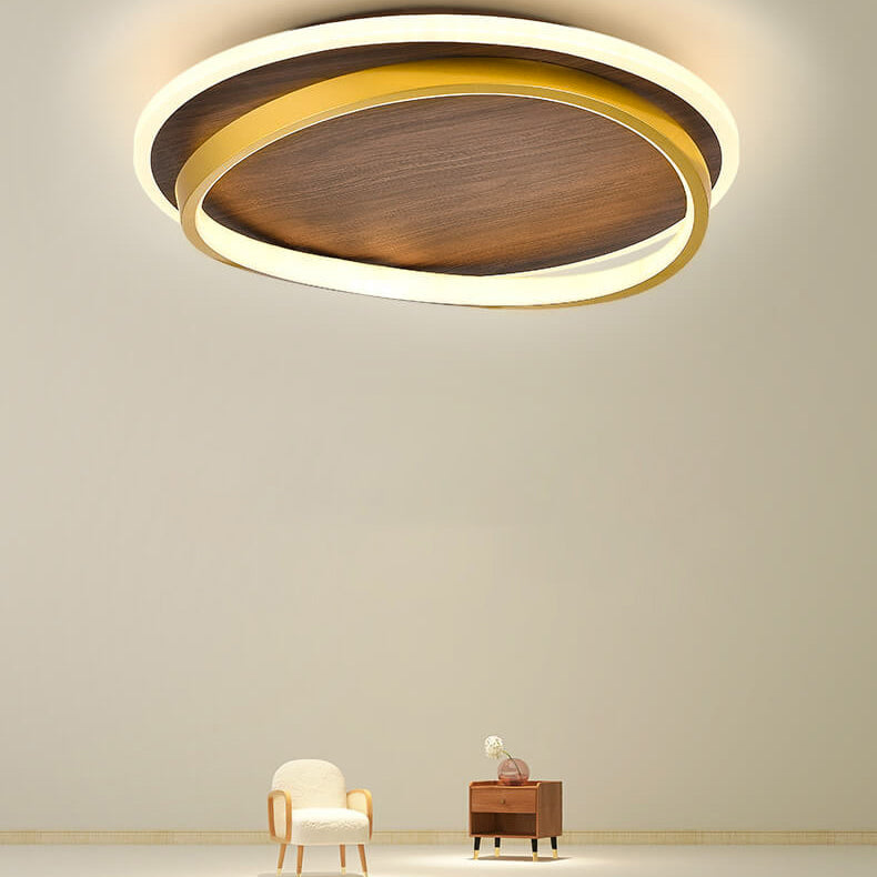 Nordic Minimalist Circular Walnut Grain LED Flush Mount