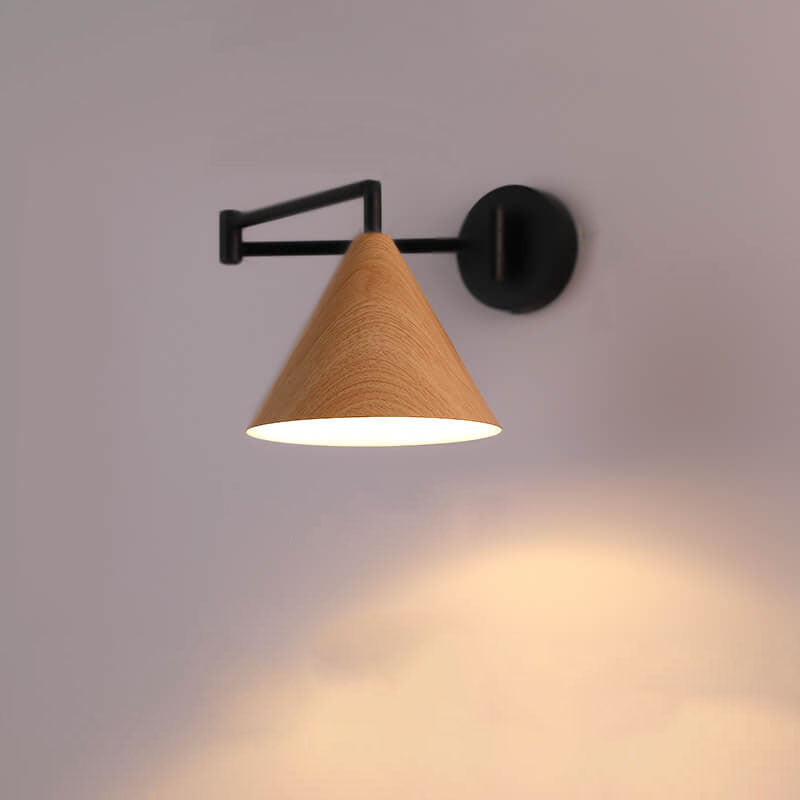 Contemporary Nordic Cone Swing Arm Wood Grain Iron 1-Light