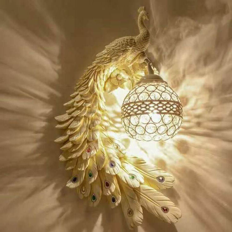 Vintage Ornate Resin Long Tail Peacock Crystal Ball Shade