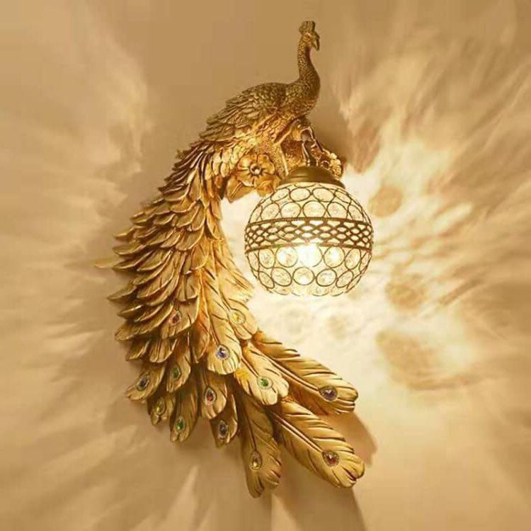 Vintage Ornate Resin Long Tail Peacock Crystal Ball Shade