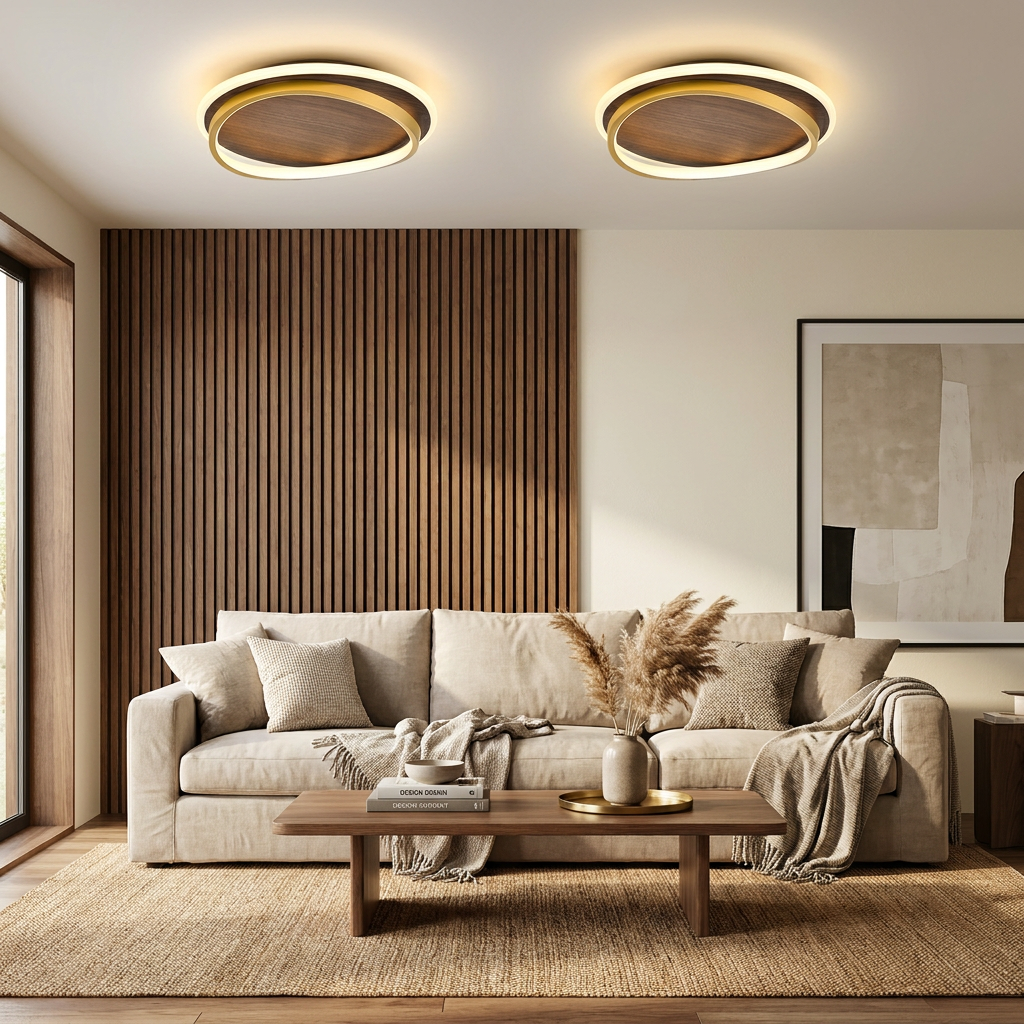 Nordic Minimalist Circular Walnut Grain LED Flush Mount