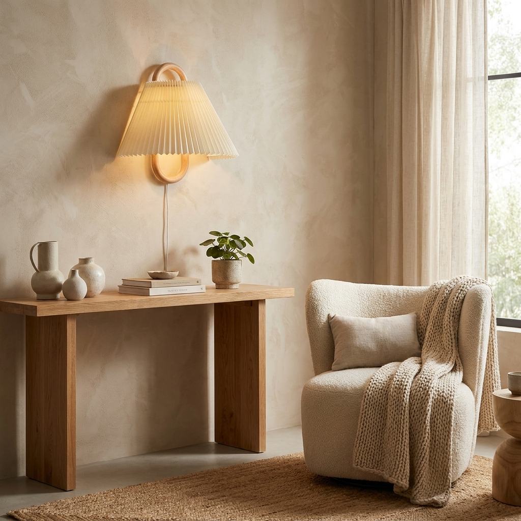 Modern Original Solid Wood Pleated Semi-Circle 1-Light Wall
