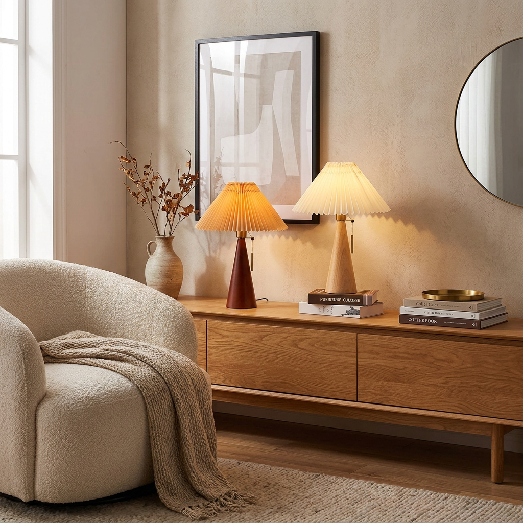 Japanese Minimalist Vintage Pleated Wooden Fabric LED Table