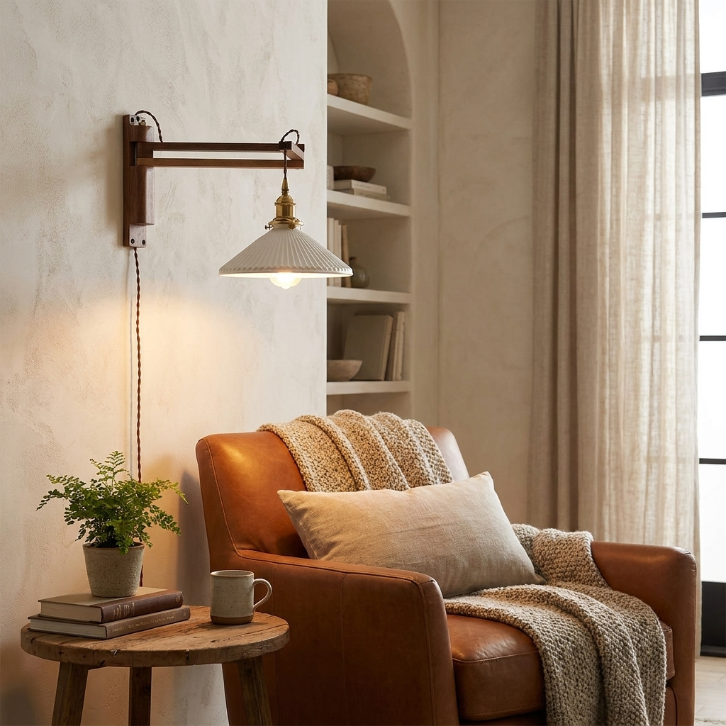 Nordic Milk White Striped Glass Walnut Retractable 1-Light