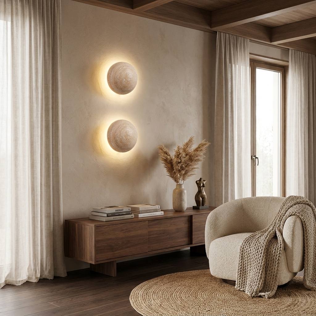 Traditional Japanese Round Yellow Travertine Wabi-Sabi LED