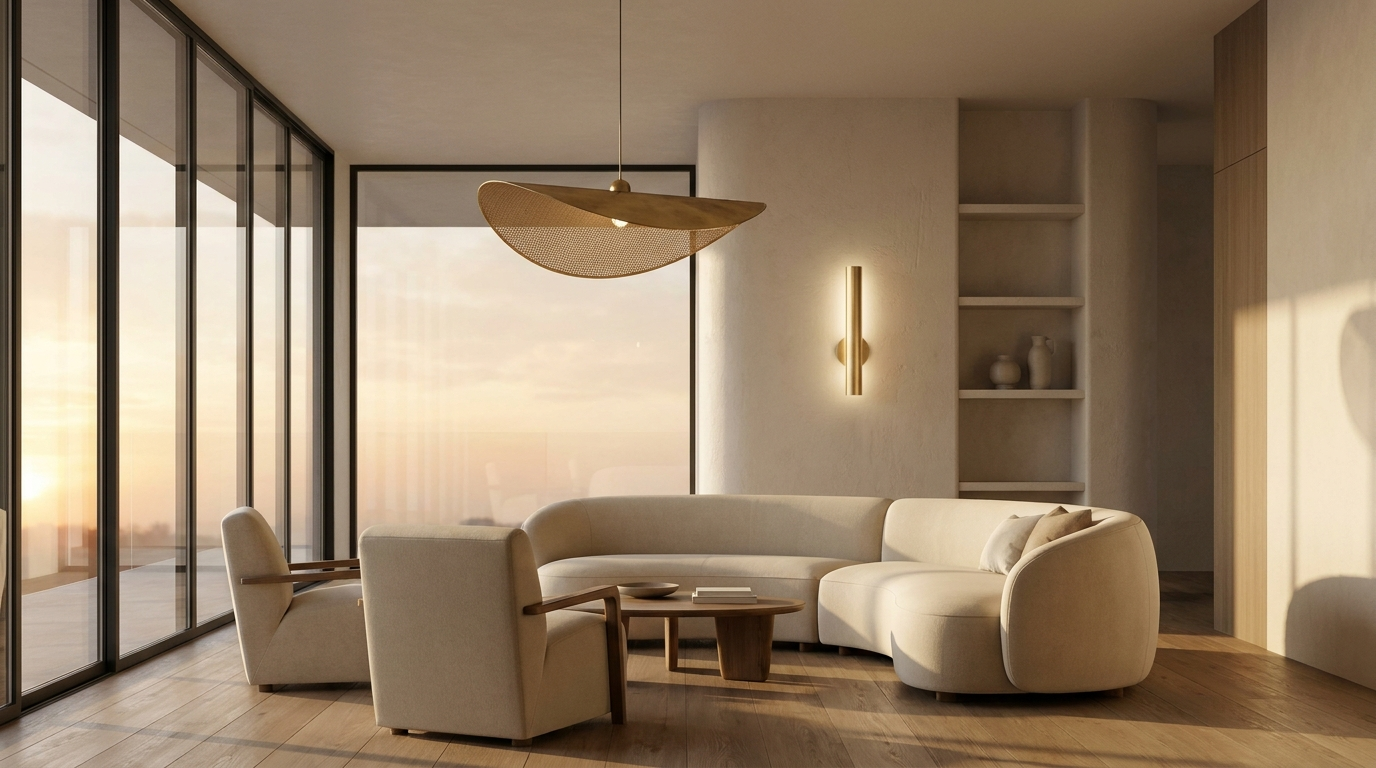 LumaNest modern living room at golden hour with pendant light and wall sconce, Summer Sale hero banner background